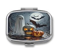 Pumpkin Lantern Ghost Pill Case 2 Compartment Metal Small Pill Box Travel Pill Organizer Portable Medicine Container Mini Daily Medication Holder for Vitamin Container Fish Oil