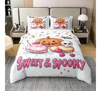 Pumpkin Lantern Ghosts 100% Cotton Duvet Cover Double Size,Halloween Ghost Bedding Sets 3Pcs for Kids Girls Boys,Sweet Cake Dessert Quilt Cover,2 Pillowcases(No Comforter),Light Pink White
