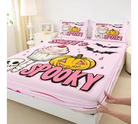 Pumpkin Lantern Ghosts Bedding Sets Double Size,Gothic Halloween Theme Bed Set for Kids Girls Boys,Dessert Ice Cream Fitted Sheet Soft Microfiber(1 Fitted Sheet+2 Pillow Case),Light Pink Yellow