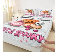 Pumpkin Lantern Ghosts Bedding Sets Double Size,Halloween Ghost Bed Set for Kids Girls Boys,Sweet Cake Dessert Fitted Sheet Soft Microfiber(1 Fitted Sheet+2 Pillow Case),Light Pink White