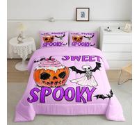 Pumpkin Lantern Ghosts Comforter Set King Size,Happy Halloween Style Bedding Set for Kids Girls Boys,Black Bats Spider Soft Duvet Insert for All Season,Purple Orange