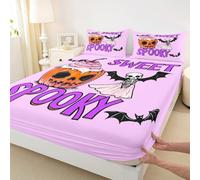 Pumpkin Lantern Ghosts Fitted Sheet King Size,Happy Halloween Style Bedding Set 4Pcs for Kids Girls Boys,Black Bats Spider Deep Pocket Sheet,2 Pillowcase,Purple Orange