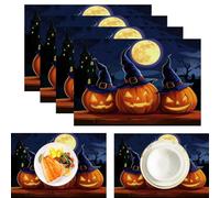 Pumpkin Lanterns Full Moon Bats Placemats for Dining Table Set of 8 | Cartoon Halloween Washable Heat-Resistant Placemats Decor for Kitchen Indoor Outdoor Patio Party 45x30cm