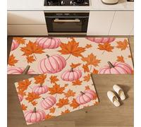 Pumpkin Maple Leaves Kitchen Rugs Runner Set of 2, Anti Fatigue Autumn Harvest Style Kitchen Floor Mat, Washable Non Slip Orange Color Mats, for Hallway Laundry Room 43x75cm+43x150cm