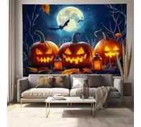 Pumpkin Moon Tapestry Bat Leaves Wall Hanging Backdrop Wall Art Dark Blue Home Decor for Halloween Party Decor Portrait Photo Booth Props