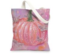Pumpkin Peach Canvas Tote Bags Stylish Butterfly Design Reusable Stylish Lightweight Washable Shoulder Strap, peach, 13x15 Inch