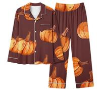 Pumpkin Pjs Women Halloween Bat Button Down Long Sleeve Printed Sleepwear Bottoms Black Cat Cosy Cotton Loungewear Nightwear Set Witch Pajama Long Pants Co Ord Sets, Brown, XL