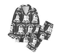 Pumpkin Pjs Women Halloween Ghost Button Down Long Sleeve Tops Shirts Spider Web Satin Pyjamas Sets Soft Nightwear Loungewear Set Skeleton Pj Long Pants Co Ord Sets, Navy, L