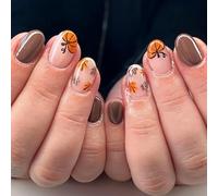 Pumpkin Press on Nails Brown Orange Maple Leaf Short Almond Fake Nails, Glossy Full Cover Fall Artificial Nail Set for Thanksgiving and Daily Wear