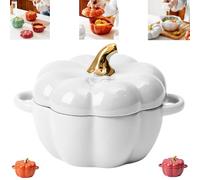 Pumpkin Serving Bowl Set With Lid and Handle - 15 Oz Ceramic Dessert Saucepan, Pottery Casserole, Decor Dinnerware for Thanksgiving Halloween (White)