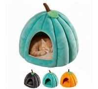 Pumpkin Shaped Cat Cave Bed, Soft Plush Pumpkin Cat Bed with Removable Cushion, Cozy Semi Enclosed Cat House with Non-Slip Base, For Indoor Cats and Small Dogs (blue, L)