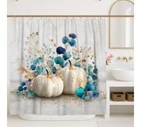 Pumpkin Shower Curtain, Aqua Blue White Gold Floral Bathroom Decor, Autumn Thanksgiving Modern Elegant Waterproof Fabric Shower Curtain with Hooks 72x84 Inch