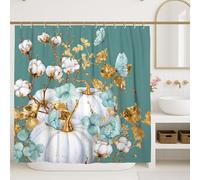 Pumpkin Shower Curtain, Aqua Blue White Gold Floral Bathroom Decor, Fall Autumn Modern Chic Waterproof Fabric Shower Curtain with Hooks 72x84 Inch
