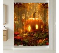 Pumpkin Shower Curtain, Autumn Fall Fantasy Cottage Bathroom Decor, Halloween Harvest Rustic Waterproof Fabric Shower Curtain with Hooks 54x78 Inch
