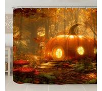 Pumpkin Shower Curtain, Autumn Fall Fantasy Cottage Bathroom Decor, Halloween Harvest Rustic Waterproof Fabric Shower Curtain with Hooks 108x72 Inch