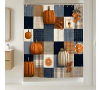 Pumpkin Shower Curtain, Orange Blue Plaid Fall Bathroom Decor, Autumn Harvest Modern Rustic Waterproof Fabric Shower Curtain with Hooks 72x96 Inch