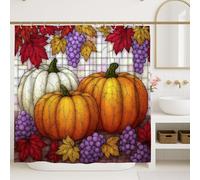 Pumpkin Shower Curtain, Stained Glass Fall Autumn Bathroom Decor, Vibrant Orange White Grape Leaves Design, Rustic Modern Waterproof Fabric Shower Curtain with Hooks 72x72 Inch