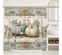 Pumpkin Shower Curtain, Vintage Blue Beige Floral Bathroom Decor, Autumn Seasonal Classic Rustic Fabric Shower Curtain with Hooks 72x84 Inch