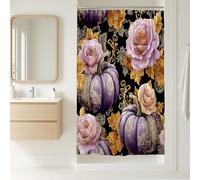 Pumpkin Shower Curtain, Violet Floral Rose Bathroom Decor, Autumn Halloween Modern Elegant Black Waterproof Fabric Shower Curtain with Hooks 36x72 Inch