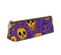 Pumpkin Skeleton Bone Print Large Capacity Leather Pencil Case Smooth Zippered Pen Pouch School Travel Makeup