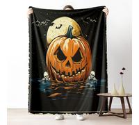 Pumpkin Skull Blanket 30x40 Inch, Spooky Halloween Fleece Throw Blanket for Couch Bed, Full Moon Bat Soft Blankets Cozy Lightweight Flannel Small Blankets Warm for All Season