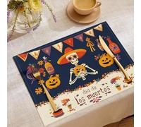 Pumpkin Skull Floral Placemat For Kitchen Dining Table 45X30Cm Mexican Day Of The Dead Printed Table Place Mats Navy Blue Washable Fabric Decoration Tablemats Placemat Spring Tablemat