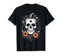 Pumpkin Skull Halloween Design Floral Samhain Autumn Art T-Shirt