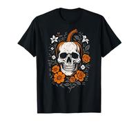 Pumpkin Skull Halloween Design Floral Samhain Autumn Art T-Shirt