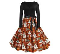 Pumpkin Skull Print A Line Dress Women's Halloween Party 2027 | Vintage rockabilly design, flattering swing silhouette, great for cocktail events & novelty photos.