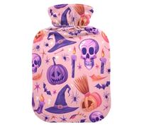 Pumpkin Skull Wizard Hat Pattern Hot Water Bottle with Velvet Cover Hot Water Bag for Pain Relief 1L, Neck Cramps Shoulders Pain Relief, Hot Cold Pack