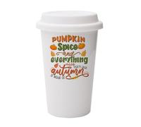 Pumpkin Spice and Everything Nice, Autumn Gift, Wall Eco Insulated, White Ceramic Travel Mug, with White Lid.