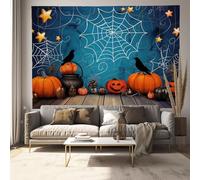 Pumpkin Spider Web Tapestry Halloween Theme Wall Hanging Backdrop Wall Art Dark Blue Home Decor for Halloween Party Decor Portrait Photo Booth Props