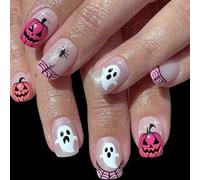 Pumpkin Spiders Web Fake Nails Short Square Black White Halloween ABS Press on Quick Application Durability Wear Halloween Fake Short Square