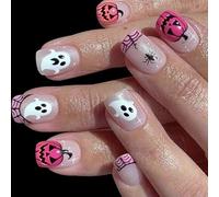 Pumpkin Spiders Web Fake Nails Short Square Black White Halloween ABS Press on Quick Application Durability Wear Halloween Fake Short Square