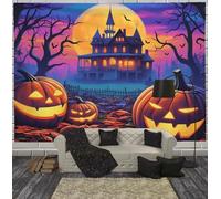 Pumpkin Spooky Trees Tapestry, Full Moon Haunted House Wall Tapestry for Bedroom, Multi-Color Room Decor Wall Hanging Art for Halloween Party Backdrop Decorations 150Lx100W