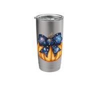 Pumpkin Starry Night with Blue Stars Coquette Bow Stainless Steel Insulated Tumbler