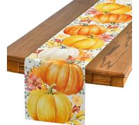 Pumpkin Table Runner, Orange Pumpkin Flowers Leaves Fall Table Runners, Seasonal Autumn Kitchen Dining Table Decor for Thanksgiving Harvest Home Holiday Party, 183x35cm