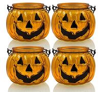 Pumpkin Tealight Holder Orange Glass Lantern Set 4 Pack Halloween Decor