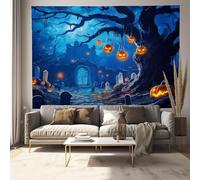Pumpkin Tree Tombstone Tapestry Wall Hanging, Horror Forest Tapestry for Bedroom Ceiling, Blue Wall Hanging for Dorm Living Room Party Decor 150Lx100W