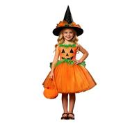 Pumpkin Tutu Dress Kids Halloween Costume Witch Hat Trick Treat Basket | Fluffy layered tulle skirt creates a full shape as youngsters twirl, while the pumpkin front adds charm plus festive cheer