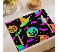 Pumpkin Witch'S Hat Bat Placemats Set of 8 for Dining Table | Neon Art Washable Non Slip Rectangle Placemats Decor for Kitchen Indoor Outdoor Picnic Dinner Party 45x30cm