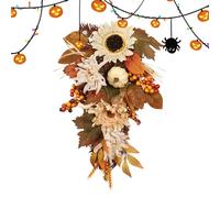 Pumpkin Wreath - Artificial Autumn Wreath, 50cm Rustic Teardrop | Front Door Decoration With Red Orange Berries, Seasonal Fall Harvest Wreaths For Party Supplies, Home Decor Of Halloween Thanksgiving