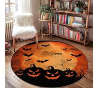Pumpkins Area Rug, Halloween Spooky Bats Moon Halloween Orange Low Pile Edge Binding Doormat Throw Rug Circle Bathroom Entryway Kitchen Bedside Decor 4' X 4'