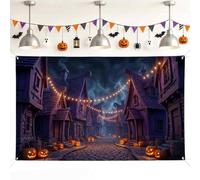 Pumpkins Backdrop, Gothic Fanciful Cobbled Street Street Lights Halloween Orange Photo Backdrop for Photo Booth Photography Party Event Decor 71x43 Inch