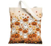 Pumpkins Canvas Tote Bag for Women, Fanciful Playful Ghost Leaf Halloween Orange Washable Reusable Small Tote Bags for Shopping Brunch Park Library Day Trips 13x15 Inch