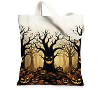 Pumpkins Canvas Tote Bag for Women, Spooky Gothic Tree Spider Web Halloween Orange Market Tote Ideas for Outdoor Travel Workday Reading 13x15 Inch