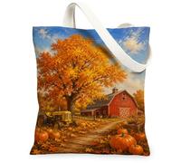 Pumpkins Canvas Tote Bag, Rustic Country Barn Tree Fall Orange Grocery Bag 13x15 Inch, Orange, 13x15 Inch