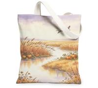 Pumpkins Canvas Tote Bag, Rustic Nature-Inspired Grass River Fall Orange Aesthetic Tote Bag 13x15 Inch, Orange, 13x15 Inch