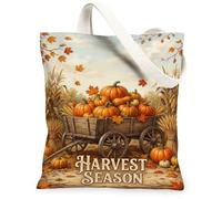 Pumpkins Canvas Tote Bag, Rustic Vintage Harvest Cart Maple Leaf Fall Orange Everyday Tote Bags 13x15 Inch, Orange, 13x15 Inch