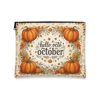 Pumpkins Canvas with Zipper, Autumn Festive Leaf Hello Fall Orange Canvas with Zipper Cosmetic Pouch for Travel, Purse, Bathroom, Vanity and Daily Storage, Orange, 7x9 Inch, Autumn